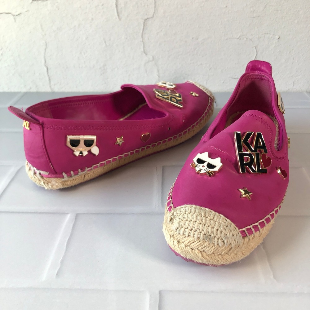 Karl Lagerfeld Malvie Hot Pink Espadrille Flats Enamel Charms Womens 7.5M EU 38B